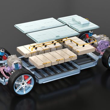 3D model of an electric vehicle battery pack and chassis components.