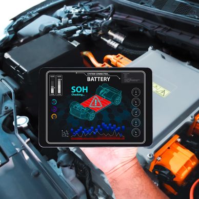 A Graphic of an EV Dyno device in hand with EV control modules in background.