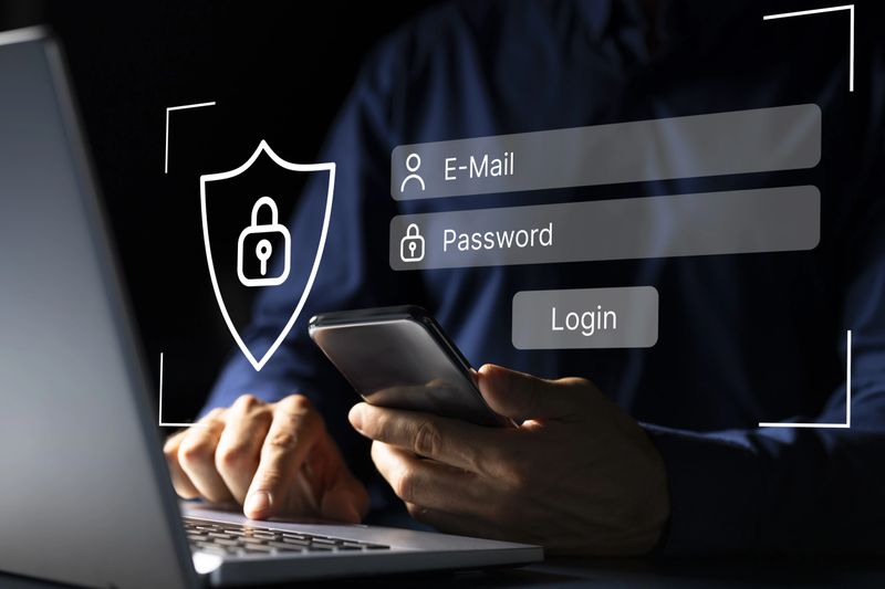 Tech-savvy young man typing on laptop for secure login into social media account with cybersecurity background concept.