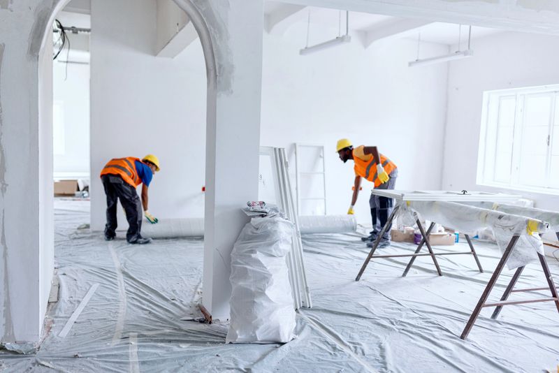 Productive male colleagues working at the construction site