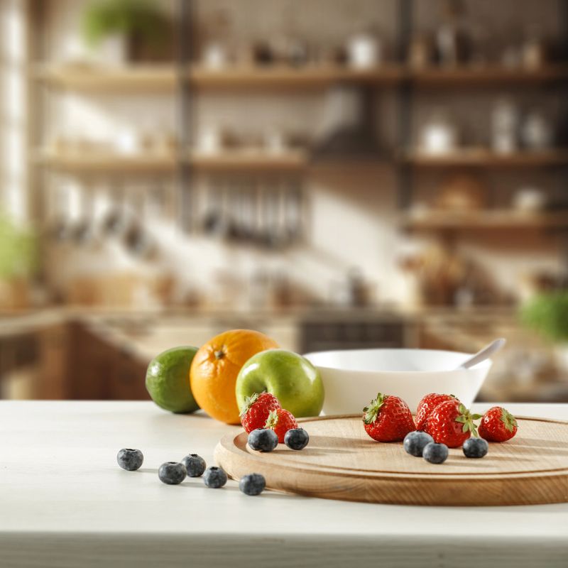 Blurred kitchen interior and fresh fruit on wooden cutting board on white countertop and space for food and drink and products and objects. Natural daily light coming through the window.