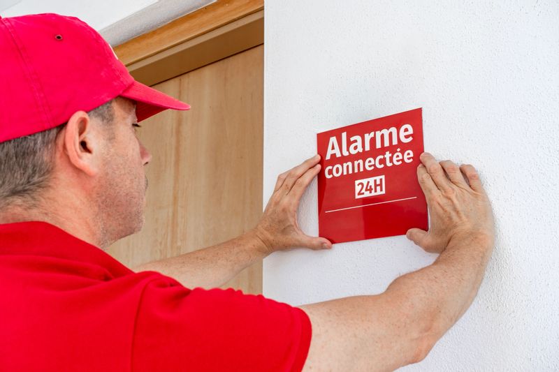 Technician installing an alarm deterrent sign or panel on the main door of a house in France with the text in french "alarm connected 24 hours". Home security systems installation against thefts, instruders and threats.