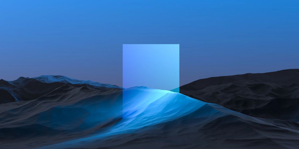 Abstract glowing blue square over a dark, wavy mountain landscape.
