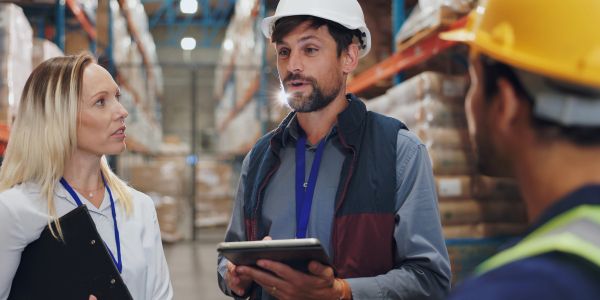 Warehouse team discussing work with tablet and clipboard.