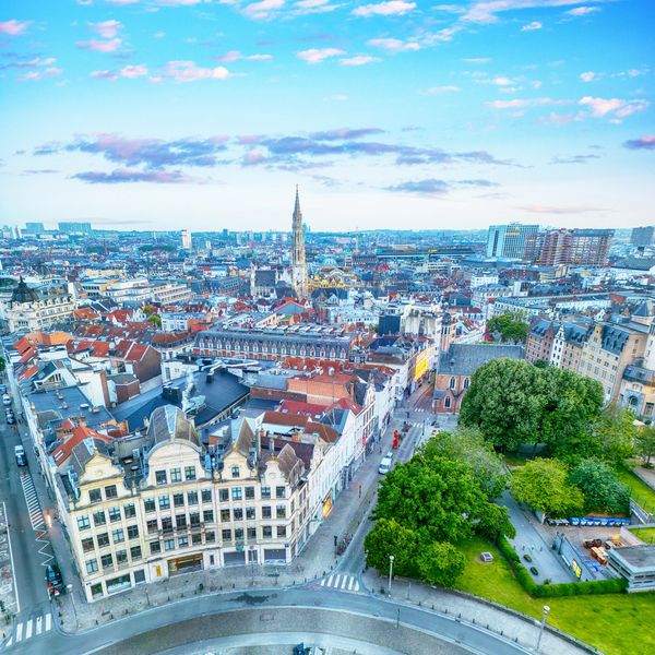 Aerial view of a European city with historic buildings and greenery.