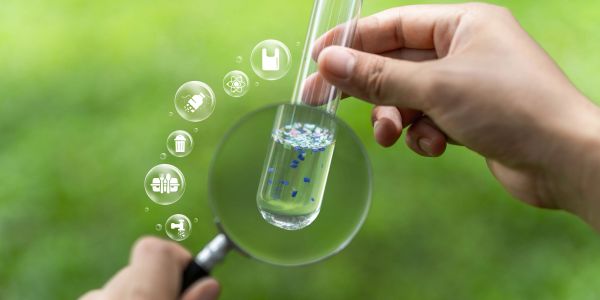 Hand holding test tube under magnifying glass with science icons.