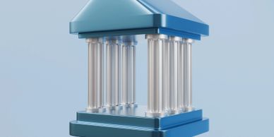 3D model of a blue classical temple with transparent columns.