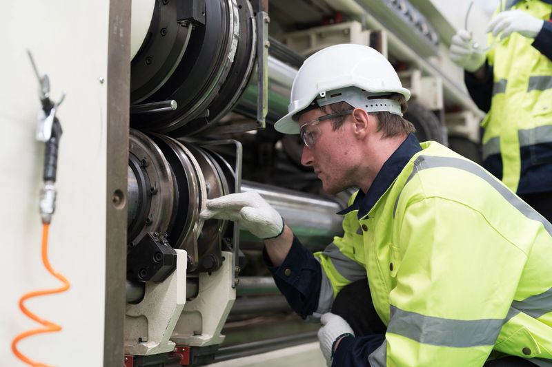 Male engineer repair and maintenance CNC machine in factory. Engineer maintenance machine at workplace. Engineer repair machine in line production