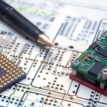 Close-up of a CPU, a circuit board, and a pen on a technical blueprint.