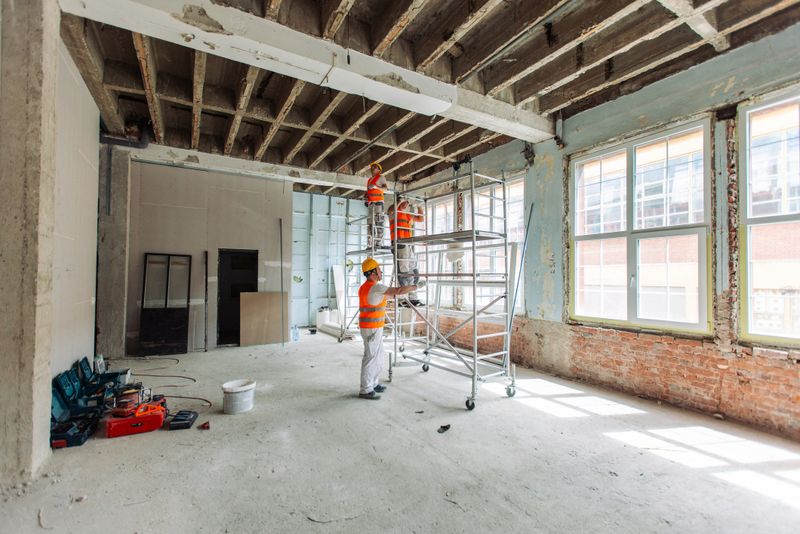 Three construction workers set up scaffolding to work on the ceiling in a building undergoing renovation, showcasing the step-by-step progression of the project.