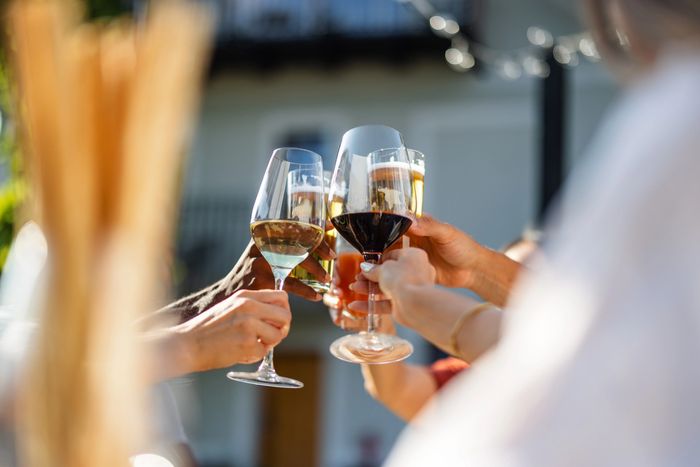 People clinking glasses of wine and beer in a celebratory toast.