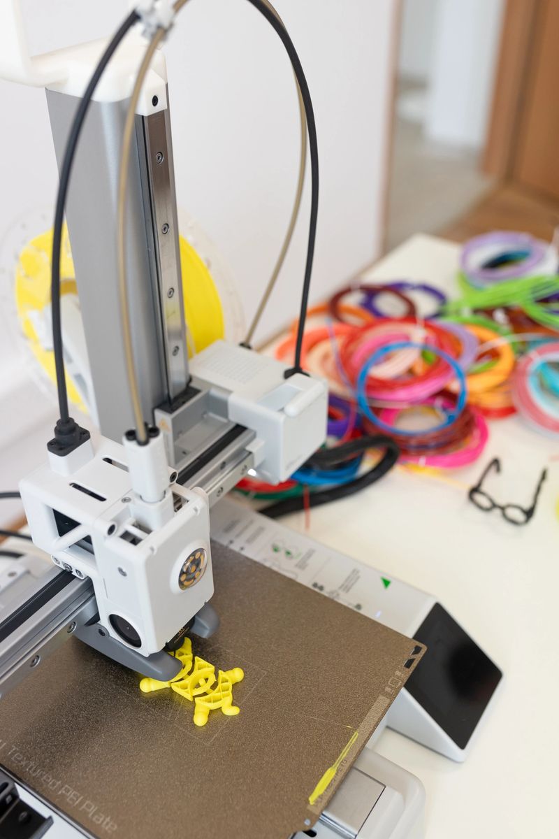 A 3D printer in action, producing a yellow object, surrounded by vibrant printed bands, showing advanced technology