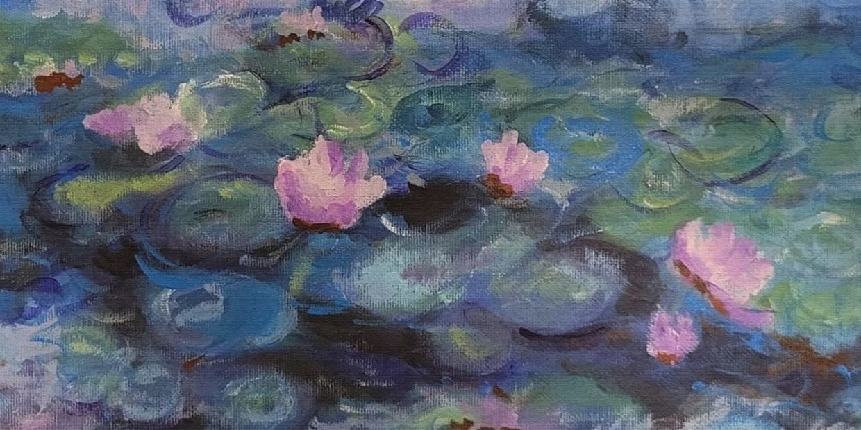 Impressionist-style painting of water lilies with pink blooms on a blue-green pond.