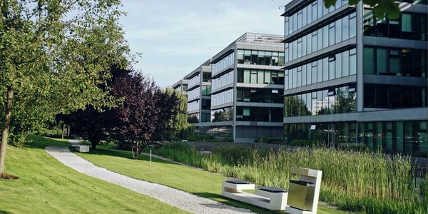 Modern office buildings beside a green park with benches and a gravel path.
