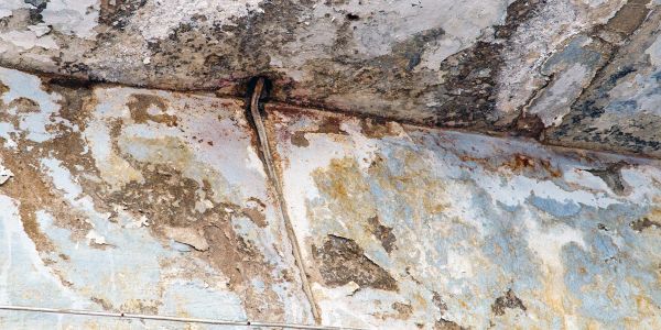Close-up of a weathered ceiling with peeling paint and rust.