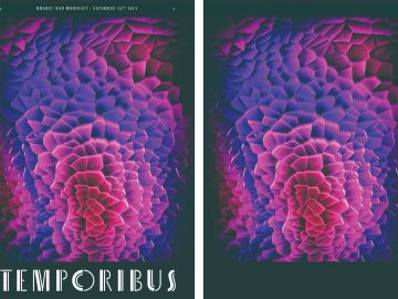 Abstract geometric pattern in vibrant pink and purple hues with 'TEMPORIBUS' text.