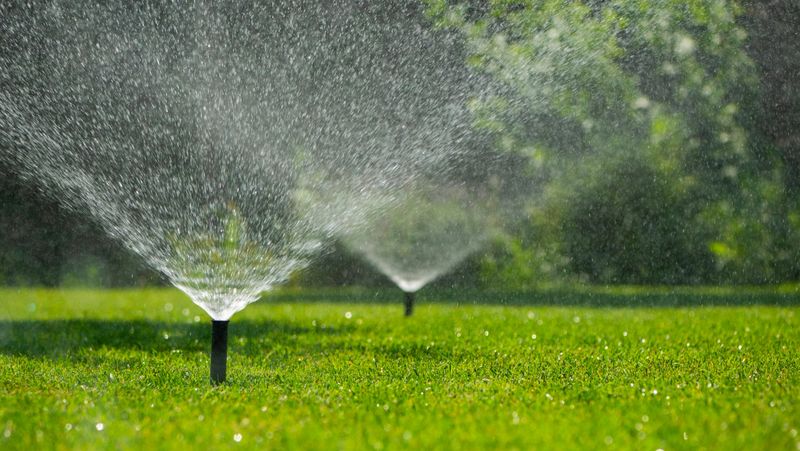 Several automatic sprinklers spray fine droplets of water over a vibrant green lawn on a sunny day. The water droplets glisten in the sunlight, creating a lively and refreshing scene that showcases the care and maintenance of the garden.