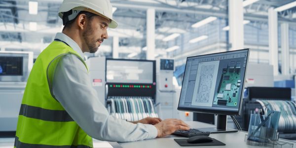 Engineer in safety gear working on circuit design at a computer in a factory.