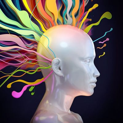 Human head with colorful ribbons coming out of the head.