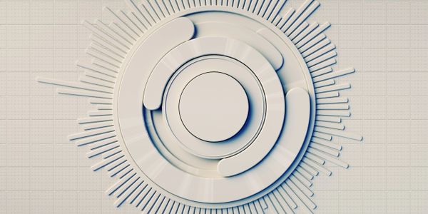 Abstract circular design with layered rings and radiating lines on a textured background.