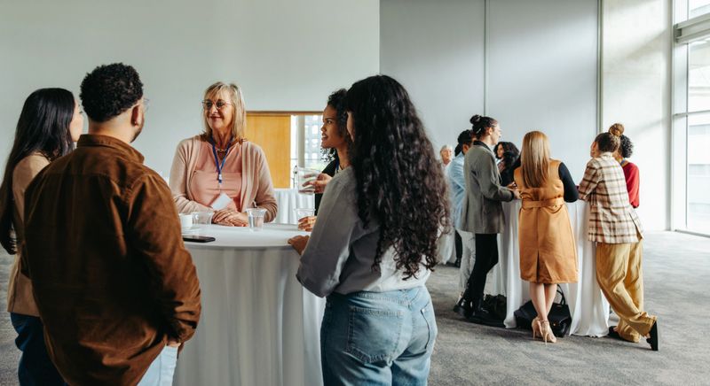 Diverse group of people engaging in conversation and enjoying refreshments at a corporate event or networking gathering.