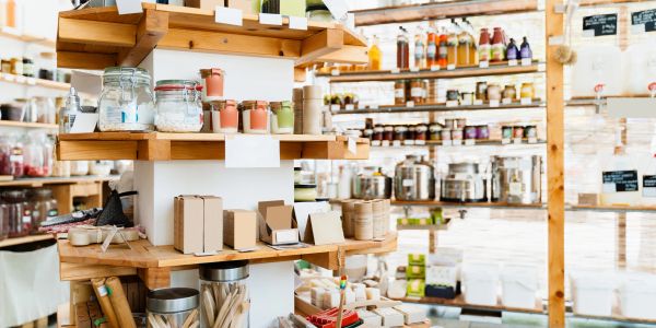 Eco-friendly products displayed in a bright store.