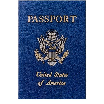 Closed passport with dark blue cover on a white background