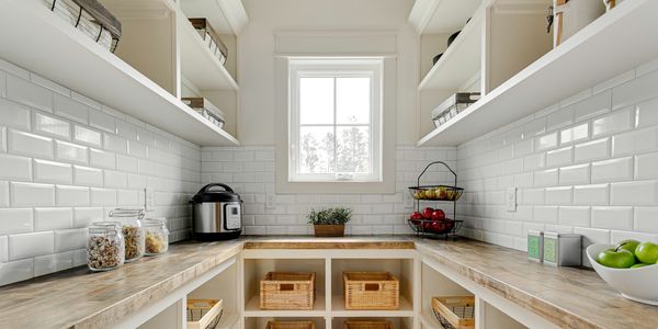 Bright pantry with wooden countertops and wicker baskets.