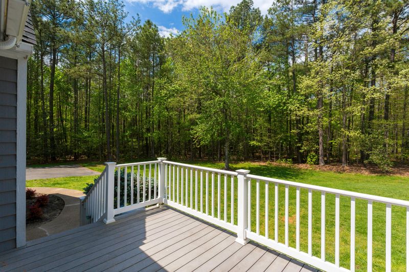 This image captures a sunny backyard deck bordered by a classic white railing that overlooks a vibrant green forest. The bright and inviting wooden deck provides a perfect spot for relaxation, family gatherings, and outdoor activities with a stunning natural view.