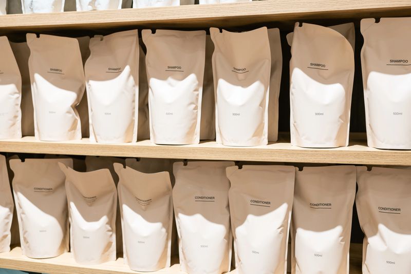 Refill packet. Zero waste. Reuse reduce recycle concept. refill liquid soap, shampoo and other products. Plastic packaging for refill pouch in store.