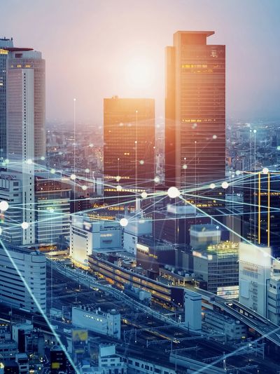 a city with connection links super imposed over the top