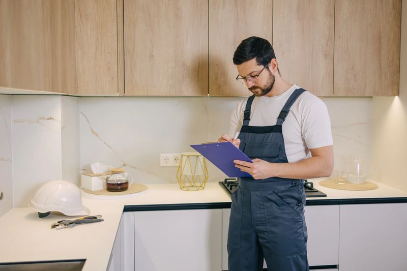 Concerned bearded male in uniform standing in kitchen and describing condition of built in boiling system. Qualified workman providing quality certificate with guarantee for water heating machine.