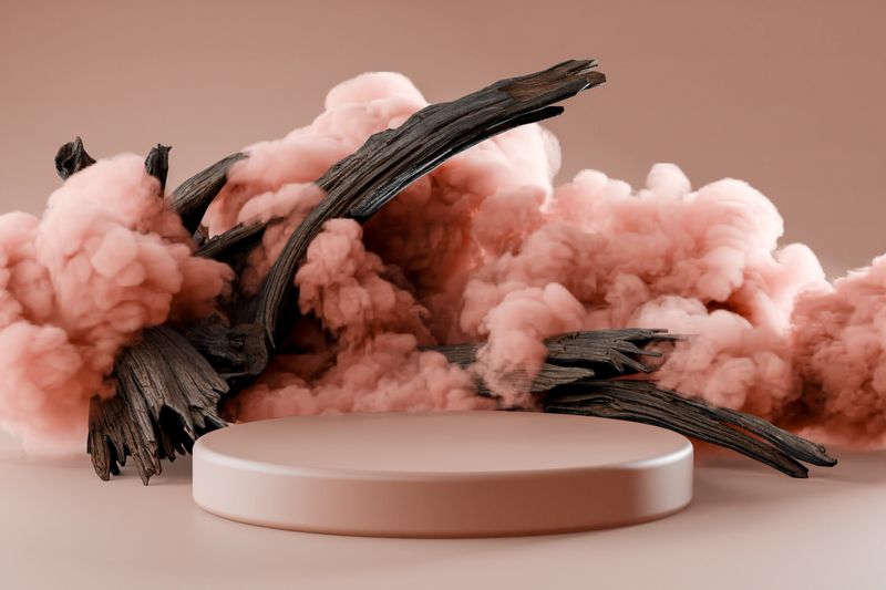 Abstract Minimalist Product Display with Pink Smoke and Wooden Branches