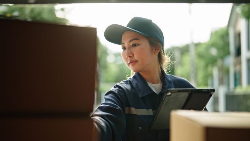 Asian woman courier checking cardboard boxes packages for delivering.