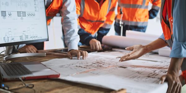Engineers in orange vests reviewing blueprints.