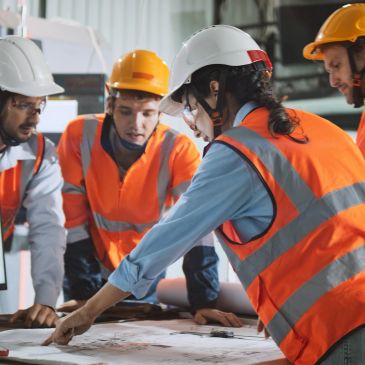 Construction team in safety gear reviewing blueprints together.