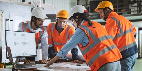 Workers in safety gear reviewing blueprints in an industrial setting.