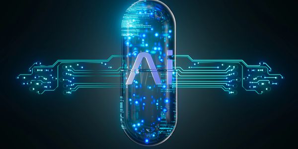 Futuristic AI capsule with glowing blue circuits and data streams.