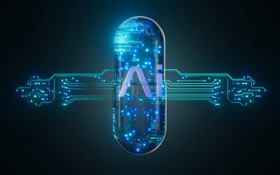 Futuristic capsule with digital circuits symbolizing AI technology.