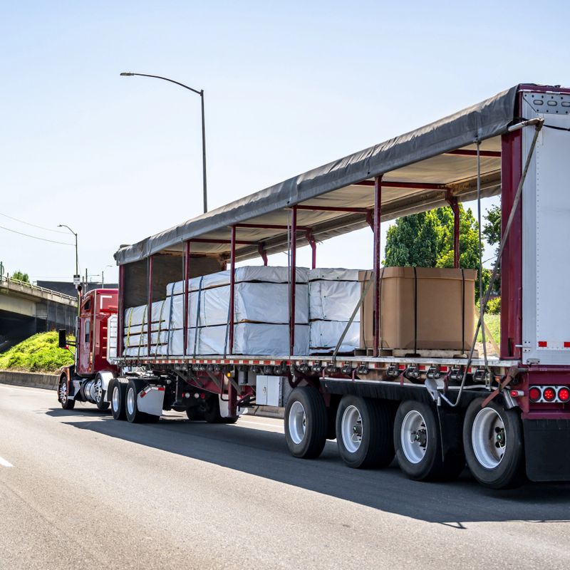 Industrial carrier red big rig semi truck with extended cab for truck driver rest transporting cargo in open Conestoga curtain-side semi trailer turning on the local road from warehouse parking lot