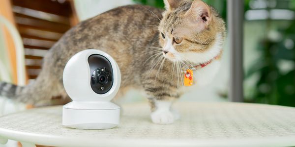 A cat curiously sniffs a white security camera on a table outdoors.