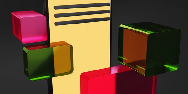 Colorful translucent cubes surrounding a yellow rectangular object on a dark background.
