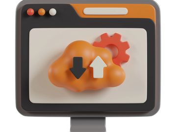 3D illustration of cloud computing with upload and download arrows on a computer monitor.