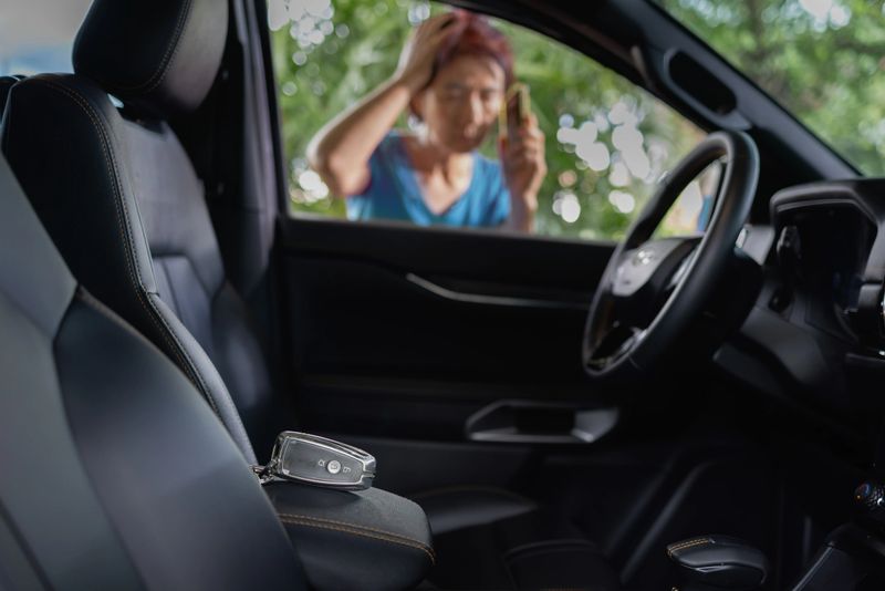 Senior asian woman forgot her key inside locked car.