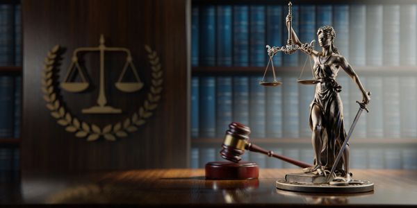 Lady Justice statue with gavel and law books in a courtroom setting.
