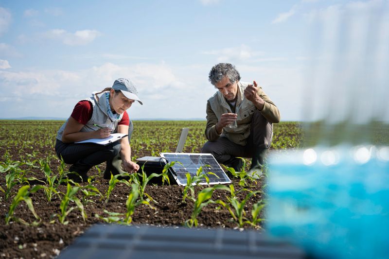 Regenerative agriculture. Agronomists doing field-based soil studies using mobile lab and AI-driven technologies. Survey of soil environment restoration.