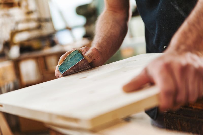 Carpenter is sanding a piece of wood in his workshop using sandpaper, his hands showing the strength and experience of a lifetime of craftsmanship