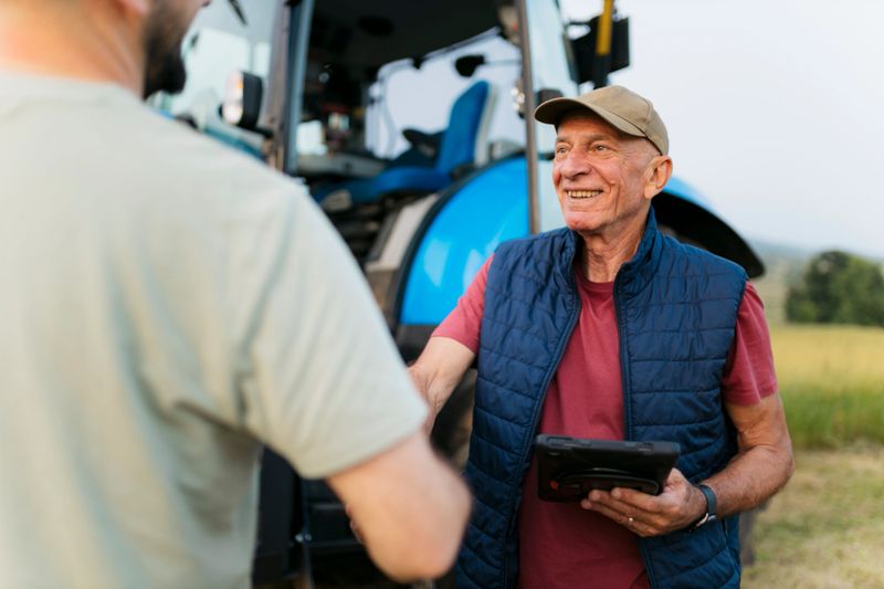 Smiling senior farmer with tablet shaking hands with man on farmland. Elderly male meeting a man on his farm.
