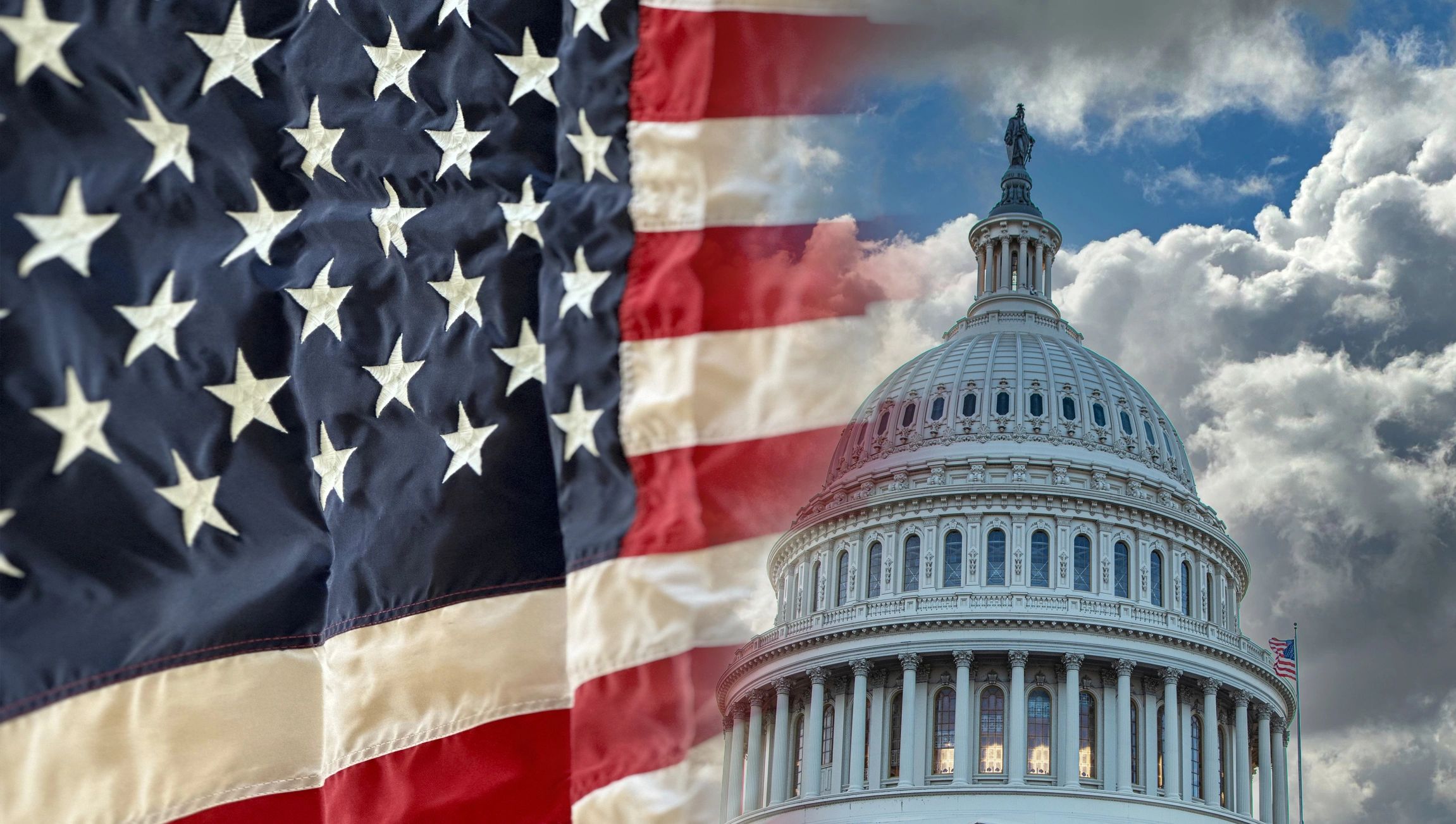 US Flag with Capital building in background.