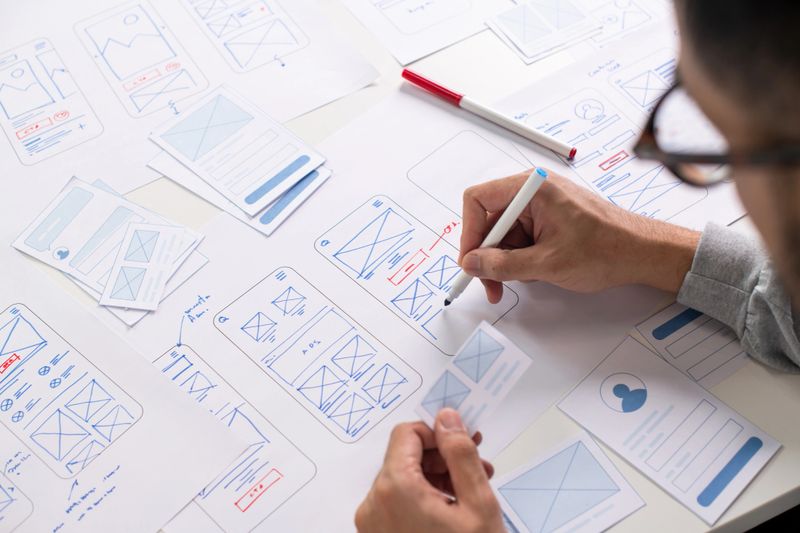 UX/UI designer working on wireframes for a website and mobile app prototype, surrounded by sketches of user-flow and design tools, in concept of website and mobile application design concept.